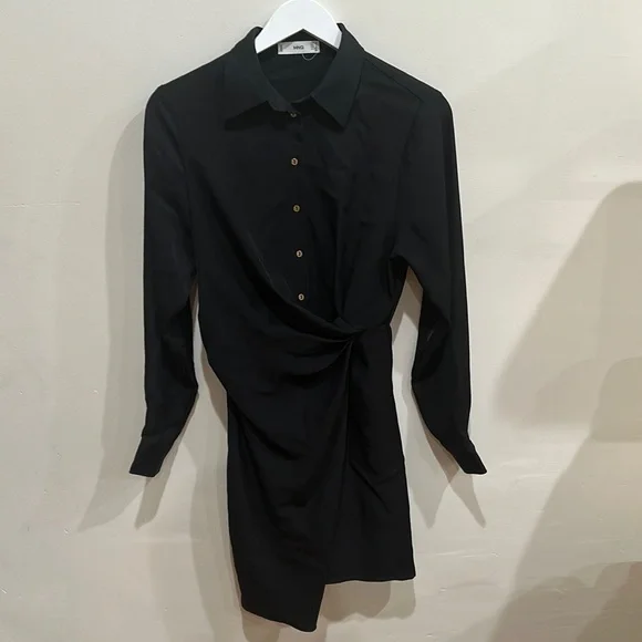 Women’s Mango Knot Detail Button Down Shirt Dress Size Medium 6 Black - Picture 4 of 8
